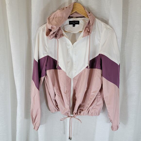 Love Tree Women’s Windbreaker Jacket Medium Colorblock Hooded Zip Up Pink Purple - Picture 1 of 9